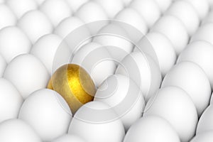 Individiuality and difference concept.Standing golden egg in between common eggs.