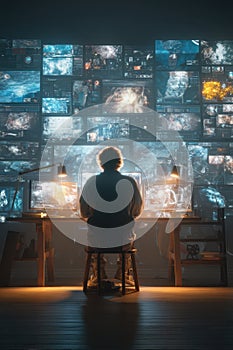 Individual Analyzing Data on Screens in a Technology-Driven Workspace