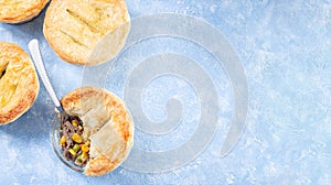 Individual beef pot pie or deep dish pie in ramekin, crust broken open to show inside, top view