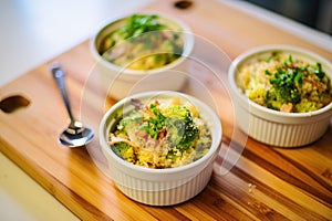 individual broccoli rice servings in ramekins