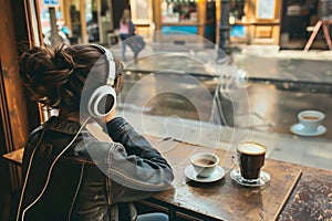 individual at a caf table, headphones on, untouched coffee beside them photo