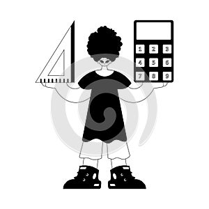 Individual with calculator and ruler. Learning subject. Exasperating and white line craftsmanship. Trendy style, Vector photo