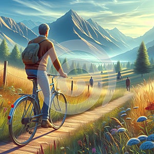 An individual enjoying a leisurely bike ride in the countrysid photo