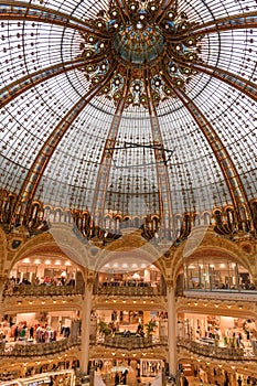 Individual galleries of the dome of the Galeries Lafayette in Paris. Corner of Rue La Fayette and Rue de la Chaussee-d Antin