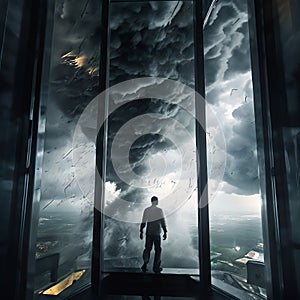 individual in a glass elevator amidst a tornado a harrowing an photo