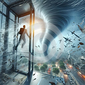 Individual in a glass elevator amidst a tornado A harrowing a photo