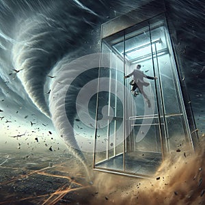 Individual in a glass elevator amidst a tornado A harrowing a photo
