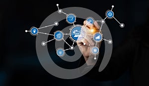 Hand Interacting with Data Network Visualization Representing Modern Technology and Digital Connections for Innovation
