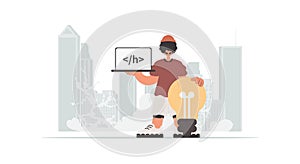 The individual is holding a browser window with a programming picture, and to boot standing near a colossal light bulb