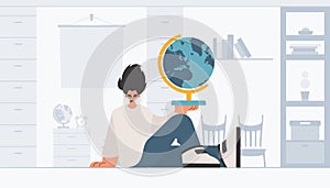 The individual is holding a colossal globe, the subject of learning. Trendy style, Vector Illustration