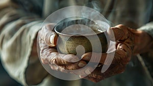 Individual holding steaming cup of hot tea in their hands