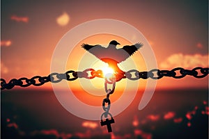 Individual human right day concept: Silhouette of bird flying and broken chains over blurred sunrise background. Generative AI