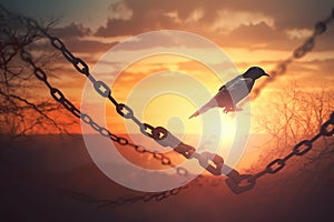 Individual human right day concept: Silhouette of bird flying and broken chains over blurred sunrise background. Generative AI