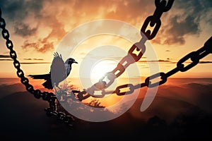 Individual human right day concept: Silhouette of bird flying and broken chains over blurred sunrise background. Generative AI