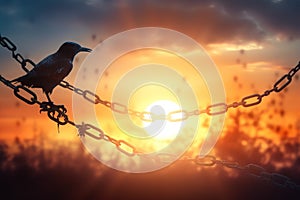 Individual human right day concept: Silhouette of bird flying and broken chains over blurred sunrise background. Generative AI