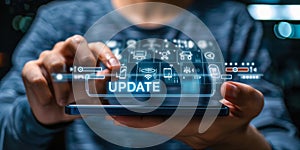 Individual Interacting with Smartphone During Software Update Process Displayed Through Augmented Reality Interface