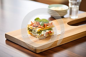 individual lasagna portion on a wooden board