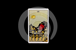 An individual minor arcana tarot card isolated on black background. Eight of cups.