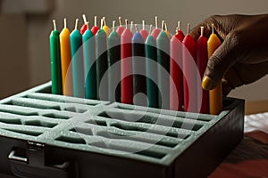 individual neatly storing a set of kwanzaa candles in a foam insert box