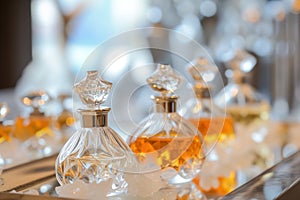 individual perfuming, elegant perfume bottles in the foreground photo