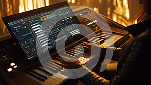 Person learning piano with online tutorial and digital sheet music in warm light photo