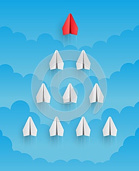 Individual red leader paper plane lead other. Business concept