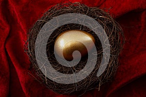 Individual retirement account, personal savings and pension fund concept with close up on a gold egg in a nest symbolizing the