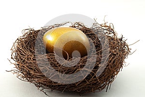 Individual retirement account, personal savings and pension fund concept with close up on a golden egg in a nest symbolizing the