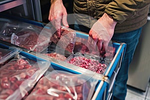 Individual selecting frozen meat from a deep freezer, showcasing food preservation and home supplies management