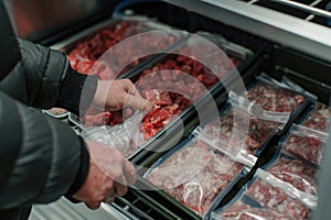 Individual selecting frozen meat from a deep freezer, showcasing food preservation and home supplies management