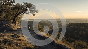 Individual sitting in solitude on a hill, overlooking a tranquil valley with a river snaking through it at dusk.