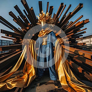 an individual standing amidst a backdrop of intersecting metal beams that create