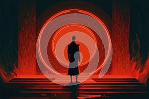 Individual standing before crimson ring of light