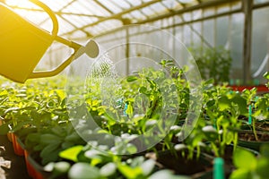 individual watering plants in a brightlylit greenhouse