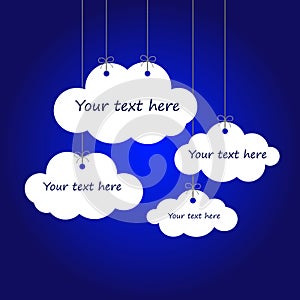 Individual white clouds on gray threads, on a blue background, space for your text