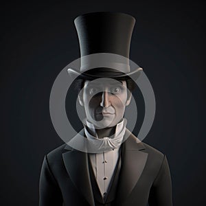 An individual with a wideeyed stare wearing a highcollared outfit and a top hat cackling madly against Psychology