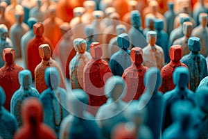 Individual wooden figures in blue and red forming large group of people.