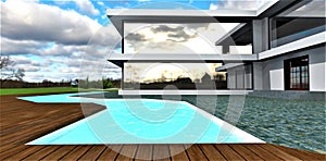 Individually shaped swimming pool with daylight lighting in the courtyard of an elite private house. Wooden flooring along the