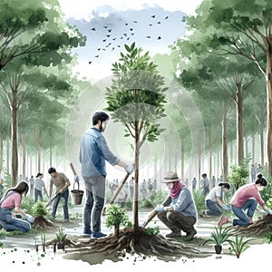 Individuals engaging in a tree planting event