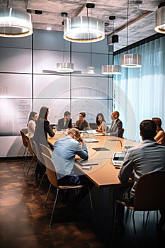 Individuals gathered around a table in an office building conference room