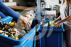 Individuals participating in recycling efforts by sorting waste into blue bins