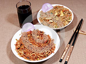 Indo Chinese cuisine Egg schezwan noodles, egg fried rice