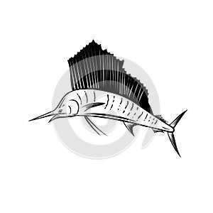 Indo-Pacific Sailfish or Billfish Jumping Up Side Retro Woodcut Black and White
