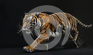 An Indochinese tiger captured in motion against a studio backdrop, tiger on black background