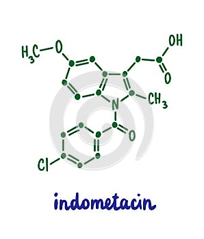 Indometacin hand drawn vector formula chemical structure lettering blue green