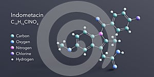 indometacin molecule 3d rendering, flat molecular structure with chemical formula and atoms color coding