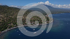 Indonesia, Bali, Amed, Aerial view of Amed beach and volcano Agung