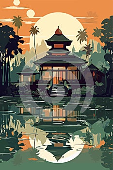 Indonesia Bali small village landscape in the evening. Vector flat illustration