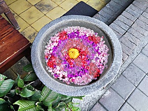 Indonesia Bali Ubud Bedugal Restaurant Entrance Fresh Flower Petals Water Pond Feng Shui Decoration Spa Relax Environment Basin