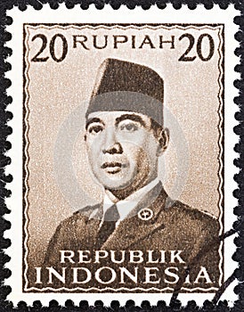 INDONESIA - CIRCA 1951: A stamp printed in Indonesia shows President Sukarno, circa 1951.